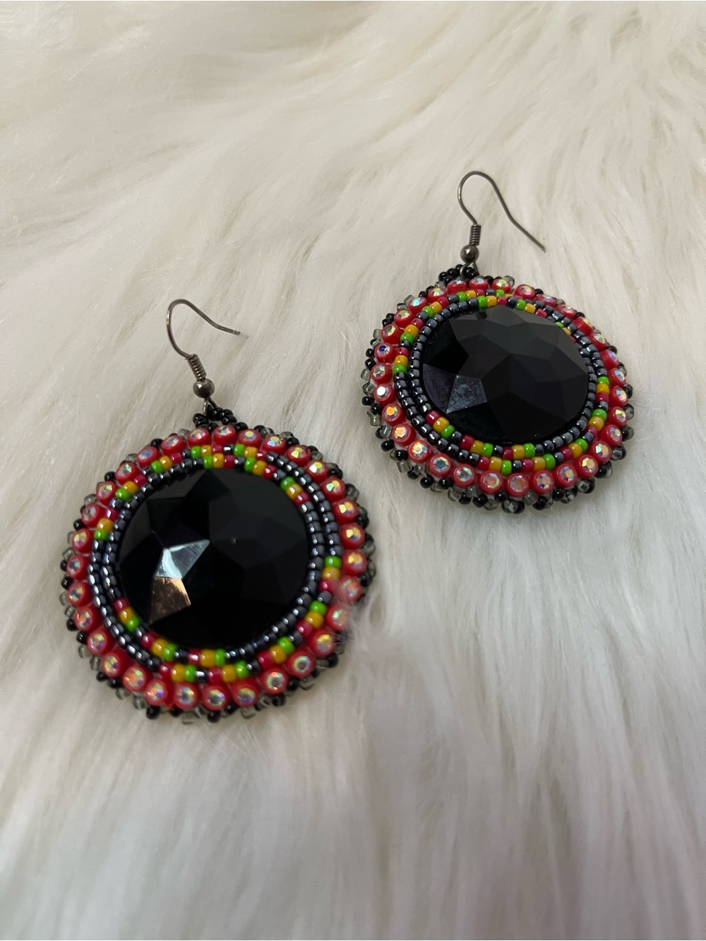 Black Faceted Center Beaded Drop Earrings with Red and Multicolor Accents